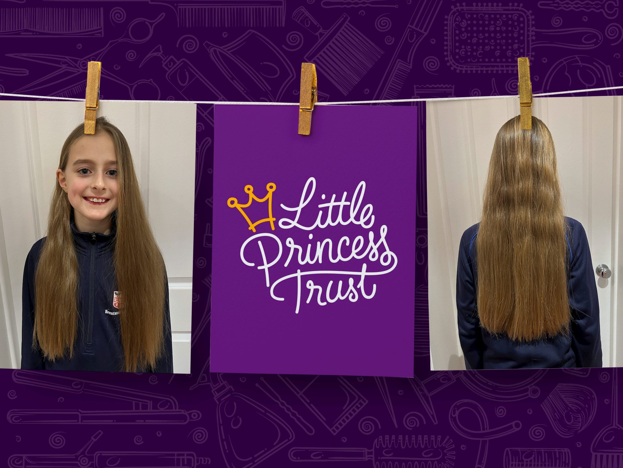 A young girl with long brown hair is shown smiling in one photo and from the back in another. Between the photos is a purple card with Little Princess Trust and a crown logo, clipped on a line with wooden pegs.