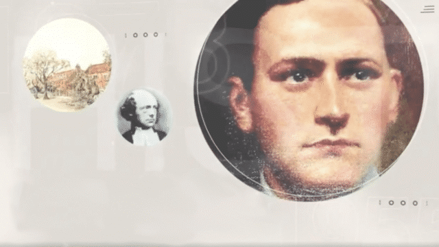 A digital collage showing a close-up of a serious-looking man’s face, a small circular portrait of an older man with white hair, and an illustration of a building with trees in the background reflects Brentwood School History.