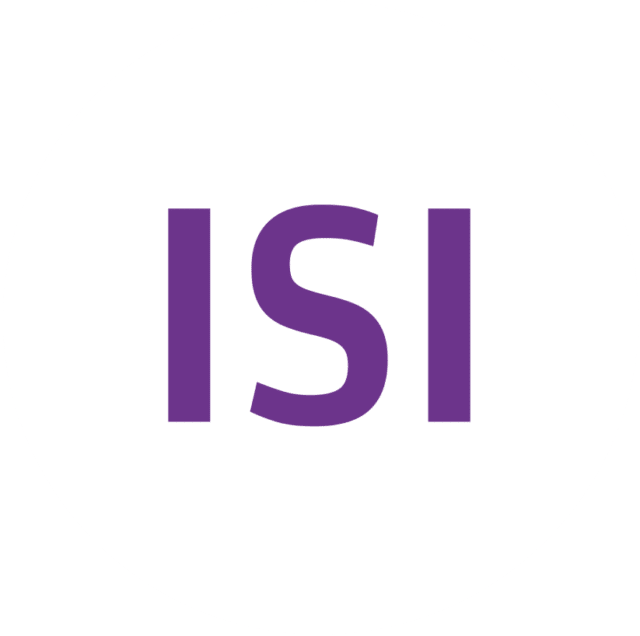 The image shows the letters ISI in bold, purple uppercase font, centred on a plain white circular background, representing Reports and Policies.