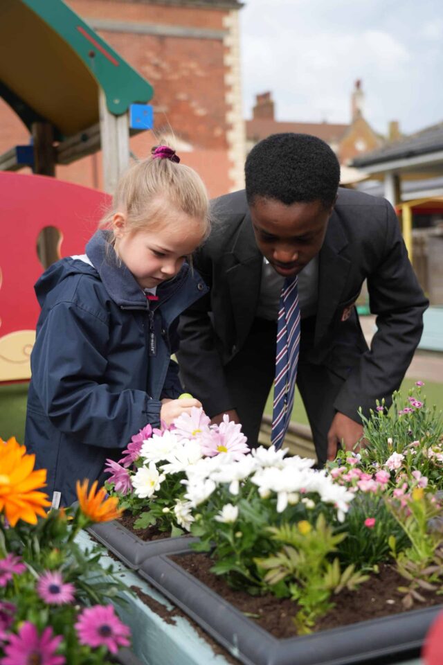 A young girl and an older boy, both in school uniforms, explore colourful flowers in a planter on the playground, showcasing Diversity at Brentwood School as they learn and connect through nature together.