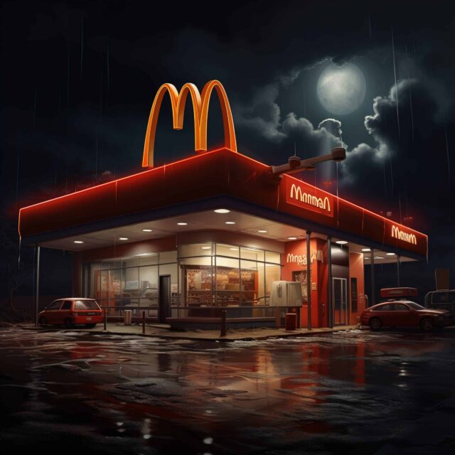 A brightly lit fast-food restaurant with a large glowing “M” sign is seen at night under a full moon with clouds. Cars are parked outside, and the wet pavement reflects the neon lights.