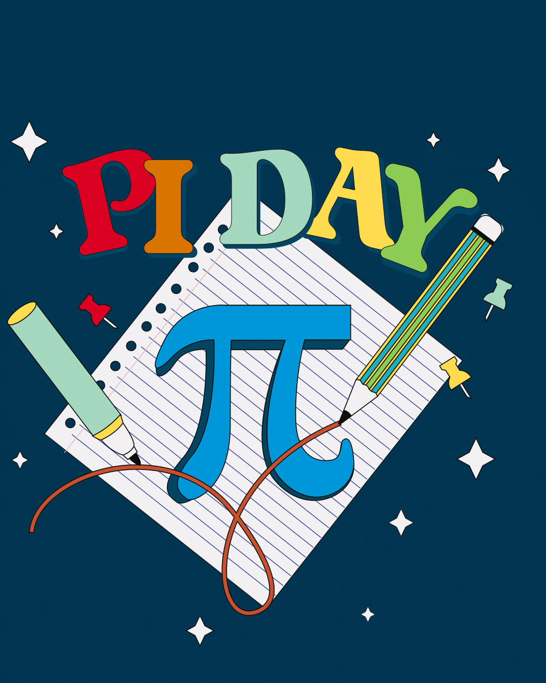 Colourful Pi Day text above a large blue pi symbol on lined paper, flanked by a marker and pencil, with stars and drawing pins scattered around—set against a dark blue background that hints at The Prisoner’s Dilemma in mathematical themes.