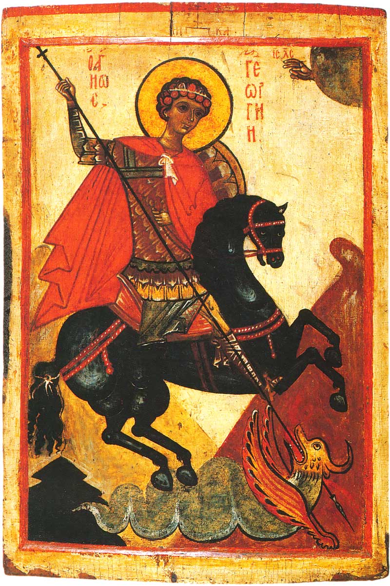 A traditional icon depicts a haloed saint in armour riding a black horse, raising a spear towards a dragon at his feet. A hand emerges from a cloud above, and the background is gold with Greek inscription.