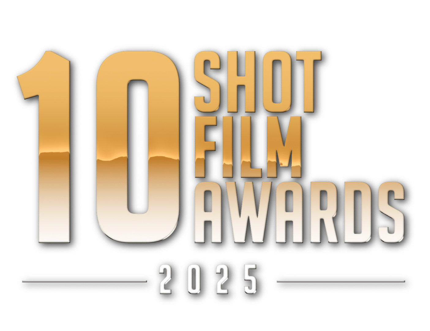 Logo for the 10 Shot Film Awards 2025, featuring large gold and white gradient text with the number 10 on the left and the event name to the right, with 2025 centred below.