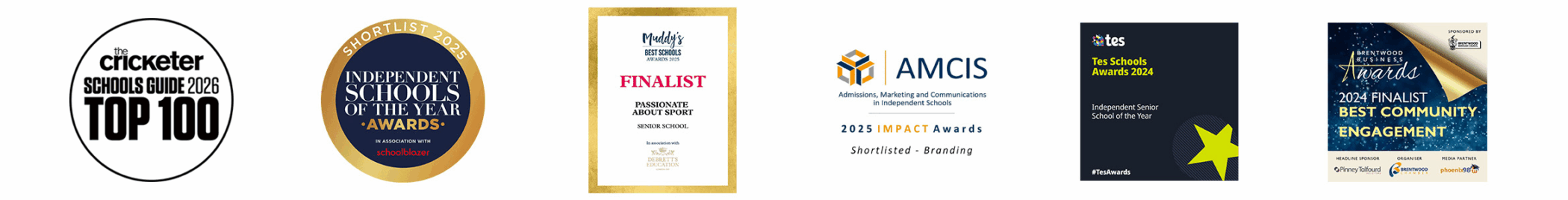 Welcome to Brentwood School. A row of six award badges, including The Cricketer Top 100, Independent Schools of the Year Finalist, Palladium Finalist, AMCIS Impact Awards, ISA Schools Awards, and Muddy Stilettos Finalist.