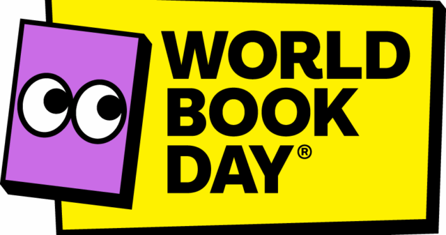 The World Book Day logo features a purple book with cartoon eyes next to bold black text reading WORLD BOOK DAY on a bright yellow background.