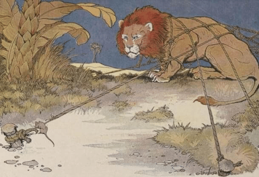 A lion caught in a net looks at a small mouse that is gnawing through the ropes to free him. The scene is set outdoors with large plants and a sandy path in the background.