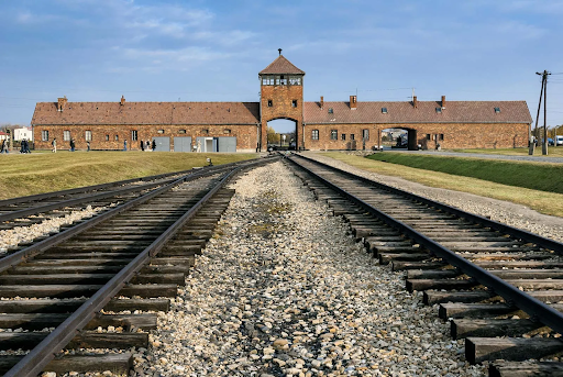 Railway tracks leading to Auschwitz concentration camp.