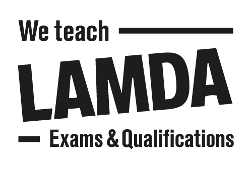 Black text on a white background reads: “We teach LAMDA - Exams & Qualifications” with “LAMDA” in large, bold letters and the rest in smaller font, separated by horizontal lines, perfect for Sixth Form Co-Curricular and Enrichment programmes.