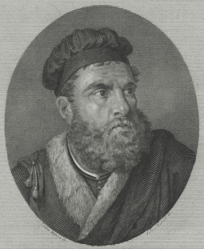 Black-and-white engraved portrait of a bearded man in a fur-collared garment and a hat, facing slightly to the right, depicted within an oval frame.
