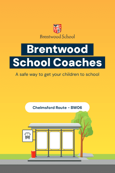 Illustration of a yellow bus stop shelter with a bench and sign. Above, text reads: “Brentwood School Coaches - A safe way to get your children to school.” A sign below says, “Chelmsford Route – BW06.”.