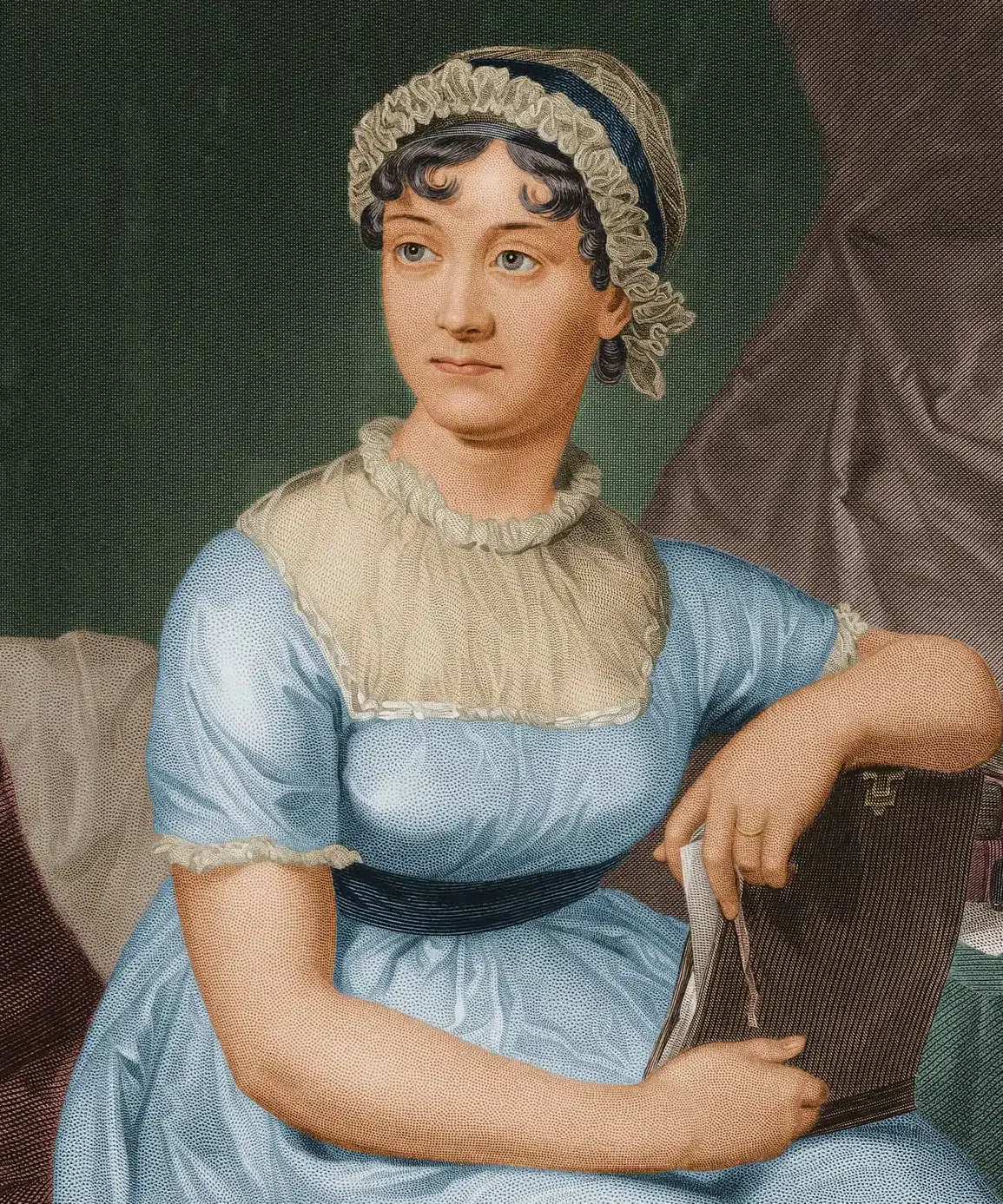 A woman in a blue dress and bonnet sits holding an open book. She gazes thoughtfully to the side, with a slight smile. The background features draped fabric and a table with an inkstand and papers.