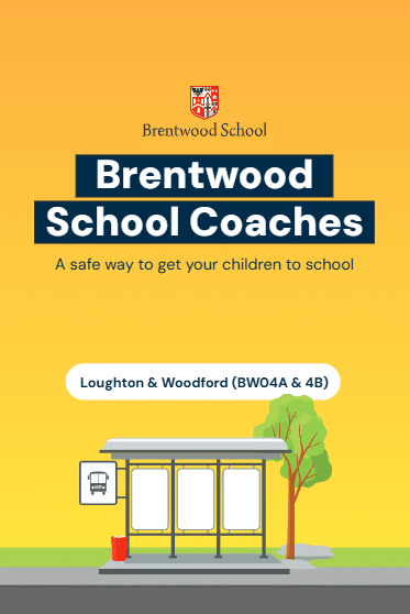 An illustrated poster for Brentwood School’s bus coaches, showing a yellow bus stop with benches, trees, and a sign. The text highlights a safe way for children to get to school from Loughton & Woodford routes.