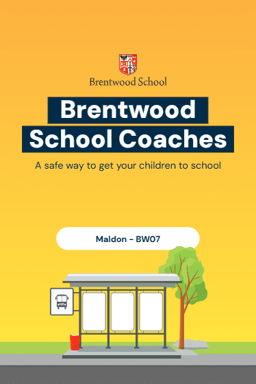 Illustration of a bus stop with a bench and tree, featuring the text Brentwood School Coaches: A safe way to get your children to school and Maldon – BW07 on a yellow background.