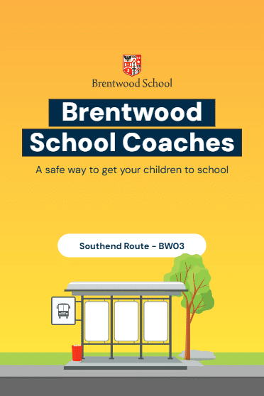 Poster for Brentwood School Coaches featuring a yellow background, a bus stop illustration, and text: A safe way to get your children to school. Southend Route – BW03.