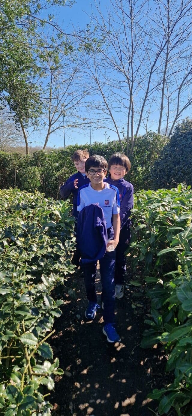 Three boys enjoy Walking Wednesday along a path surrounded by green bushes and trees on a sunny day. They are smiling, wearing glasses and school uniforms, with blue skies and bare tree branches in the background.