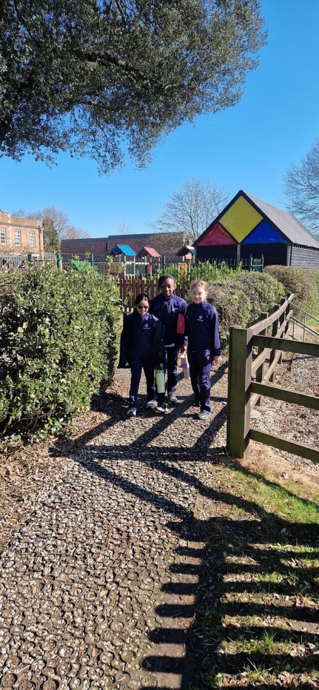 Three children in navy uniforms enjoy Walking Wednesday, strolling on a gravel path between bushes under a large tree, with colourful buildings and a wooden fence in the background on a sunny day.