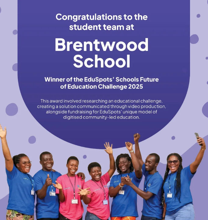 Seven smiling EduSpots workers wearing pink and blue shirts stand together, raising their arms in celebration, in front of a purple background with text congratulating Brentwood School for winning the EduSpots’ Schools Future of Education Challenge 2025.