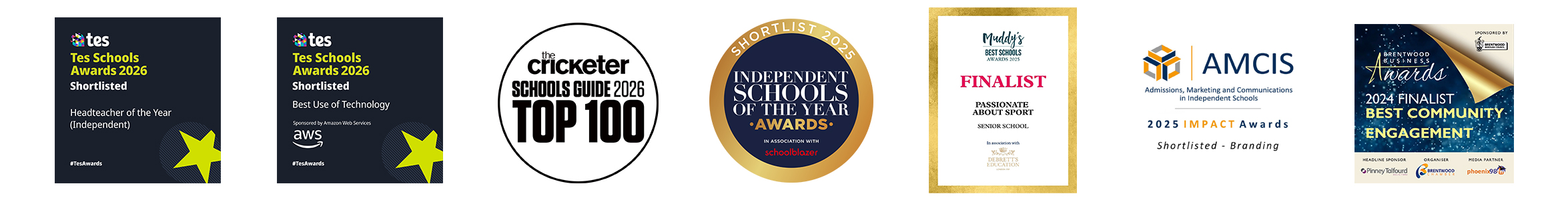 A row of six award plaques and logos welcomes you to Brentwood School, showcasing recognitions from Tes Schools Awards, The Cricketer, Independent Schools of the Year Awards, Muddy Stilettos, AMCIS Impact Awards, and more.
