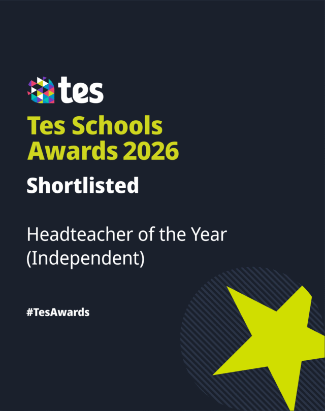 Tes Schools Awards 2026 graphic with Shortlisted: Headteacher of the Year (Independent) in bold text. Tes logo is at the top left, and there is a large yellow star at the bottom right. #TesAwards is included.