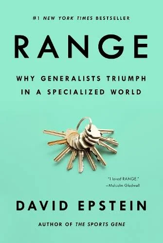 Book cover for Range: Why Generalists Triumph in a Specialised World by David Epstein. The image shows a set of keys on a light turquoise background. A quote from Malcolm Gladwell is also featured.