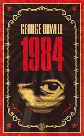 Book cover for Nineteen Eighty-Four by George Orwell featuring a large red 1984, the author’s name above, and a stylised black-and-white eye below, all on a dark, ornate background with gold decorative elements.