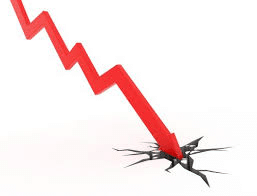 A red downward zigzag arrow crashes through the ground, creating cracks, symbolising a sharp decline or financial downturn.