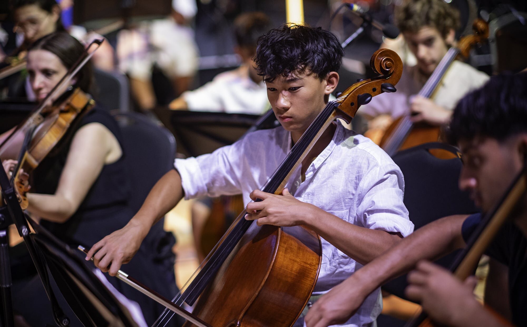 A young cellist in a white shirt plays his cello in an orchestra, surrounded by other focused musicians playing string instruments. The background is softly blurred.