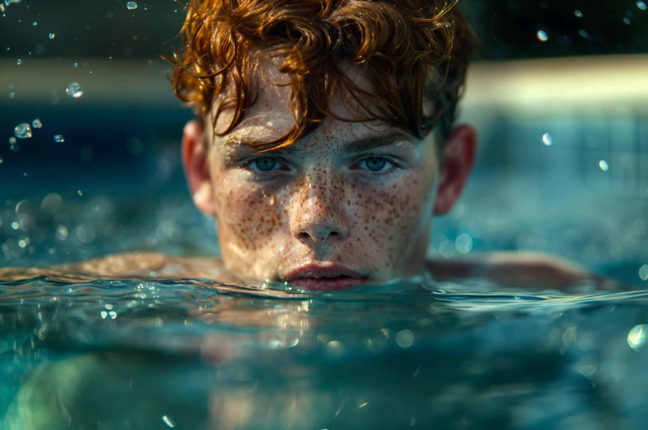 A young person with curly red hair and freckles is partially submerged in a swimming pool, gazing directly at the camera as water droplets splash around their face.