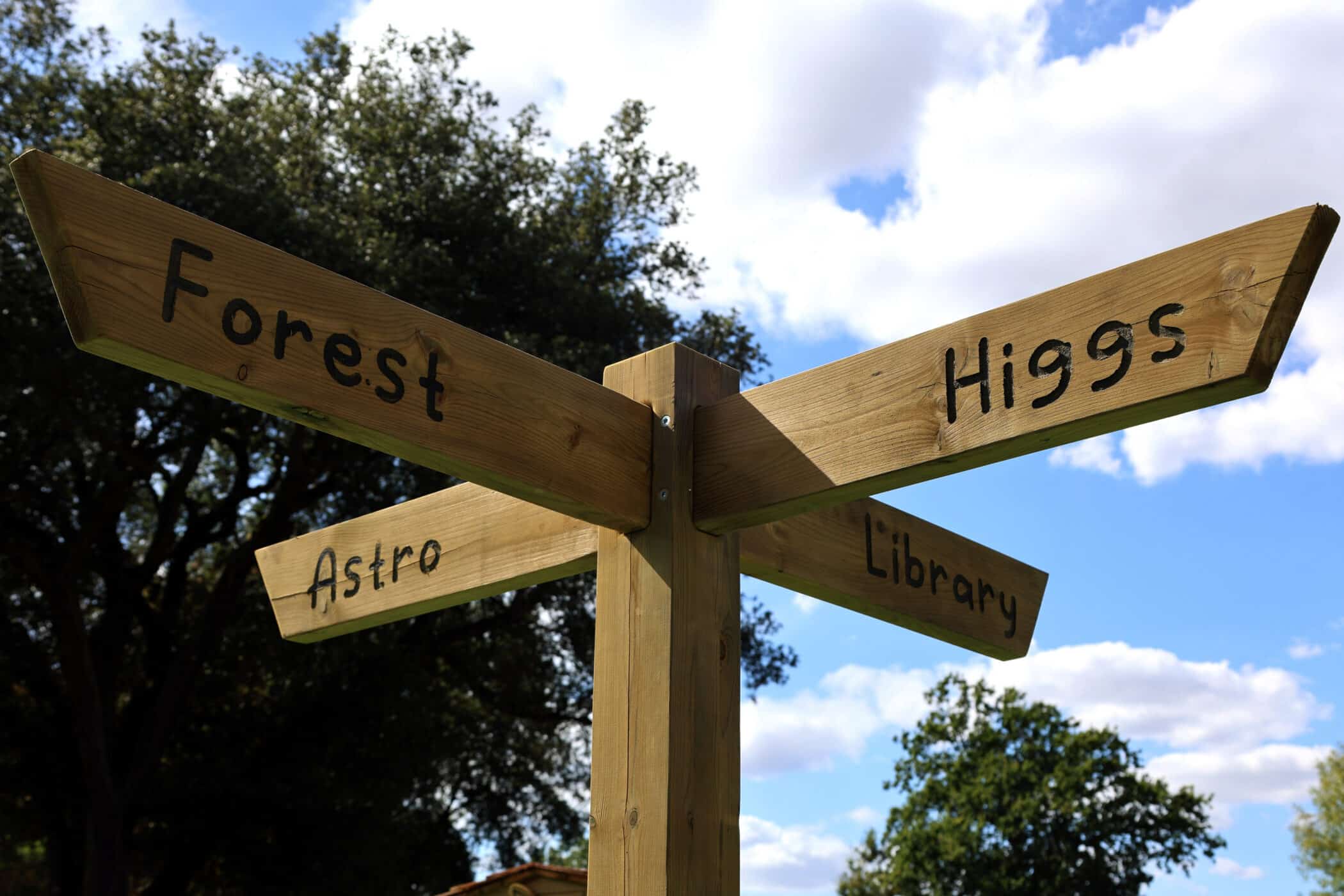 A wooden signpost with four arrows labelled Forest, Astro, Higgs, and Library against a backdrop of trees and a blue sky with clouds.