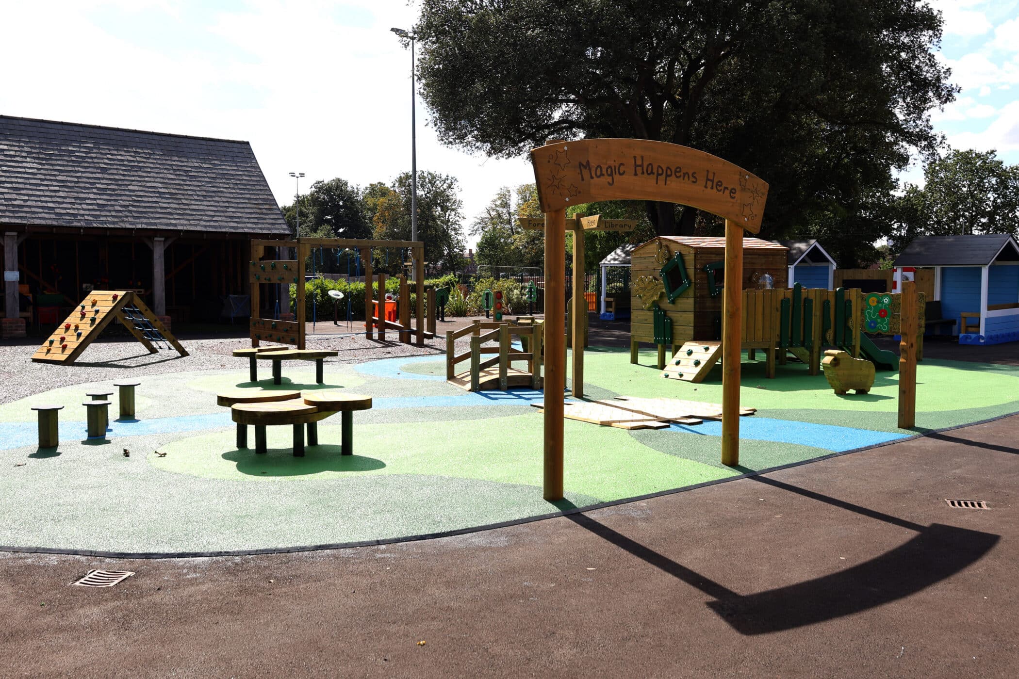 A colourful playground with climbing structures, benches, and a wooden archway sign reading Magic Happens Here, set under large trees and next to small blue buildings.