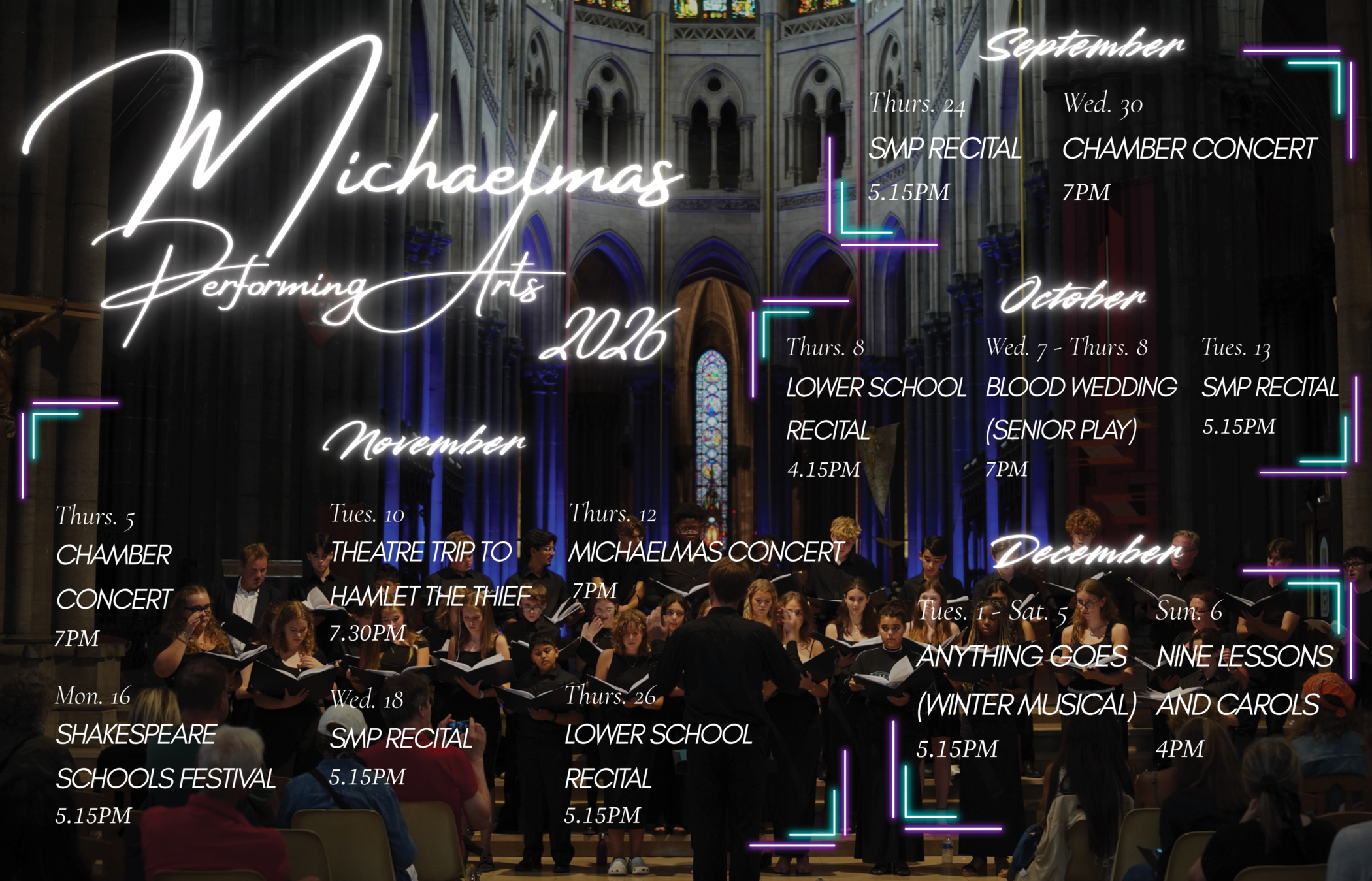 A timetable of Michaelmas Performing Arts 2026 events at Brentwood is overlaid on a photo of pupils singing in a cathedral, with dates for concerts, recitals, plays, and musicals from September to December.