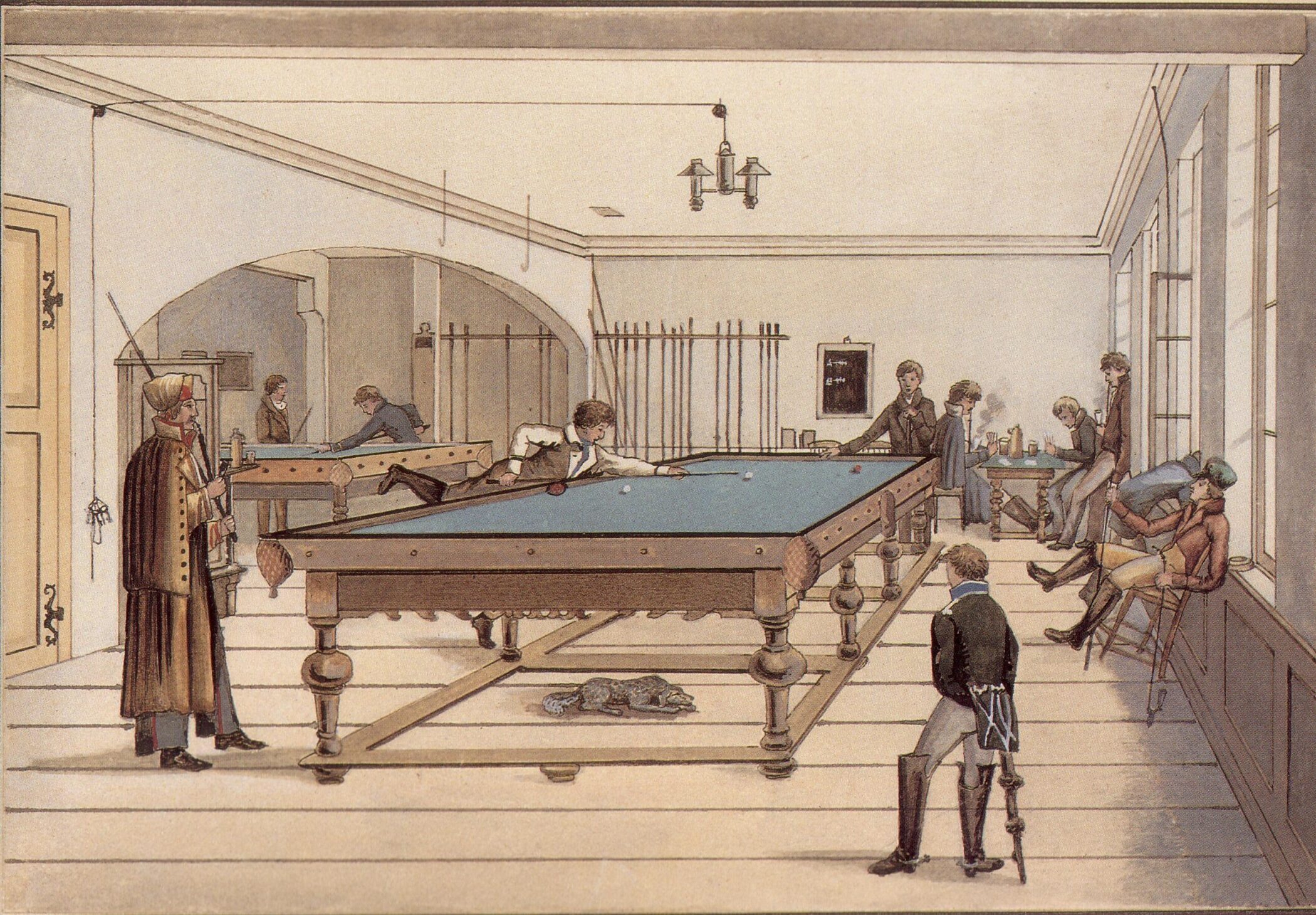 A vintage illustration shows men in 19th-century clothing playing billiards in a spacious room, while others watch, talk, or sit by large windows. Cues and equipment are visible on the wall in the background.