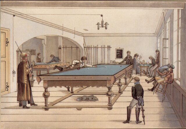 A vintage illustration shows men in 19th-century clothing playing billiards in a spacious room, while others watch, talk, or sit by large windows. Cues and equipment are visible on the wall in the background.