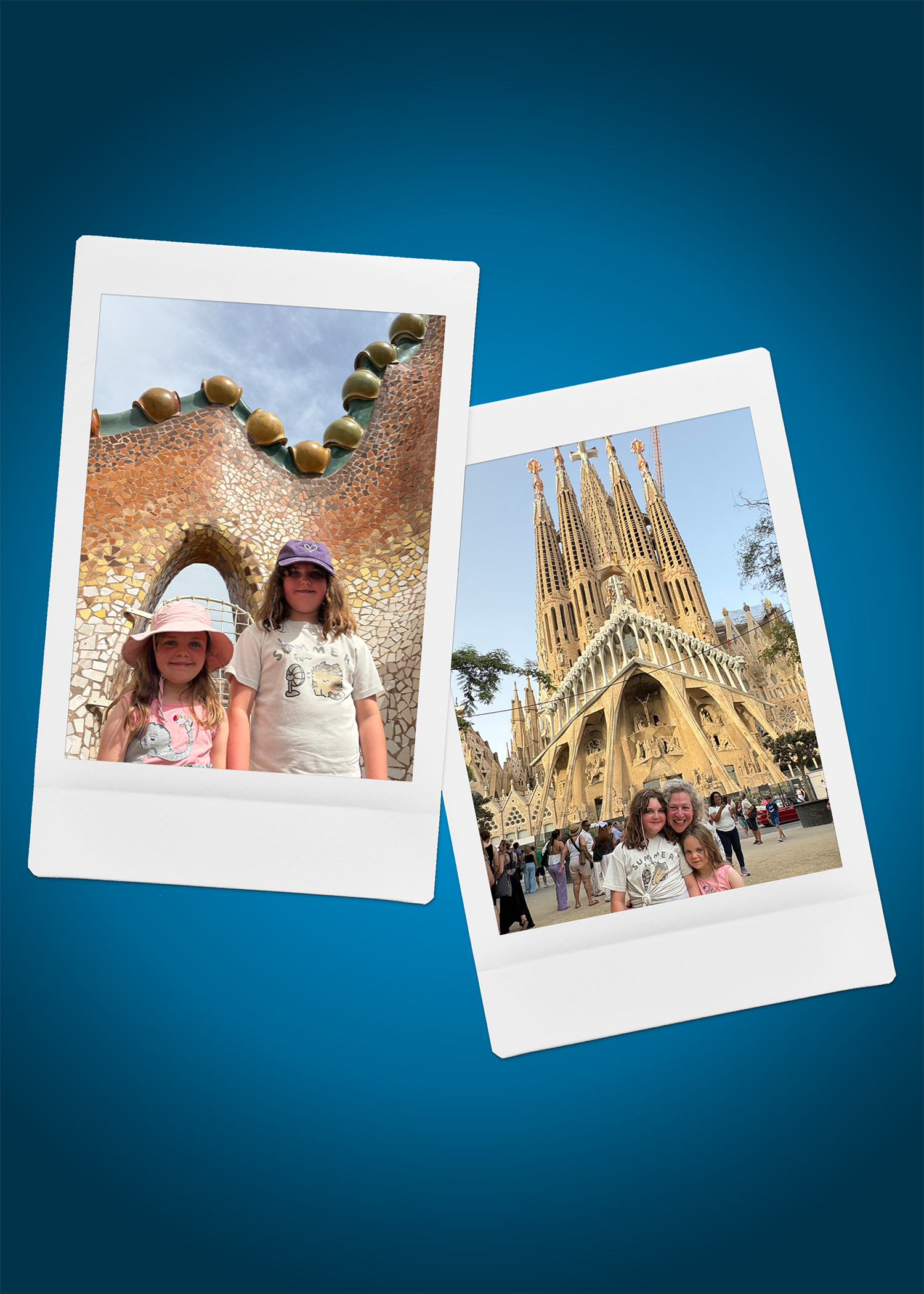 Two instant photographs showing two girls in front of the mosaic-tiled walls of Park Güell and a group posing in front of the Sagrada Família in Barcelona.