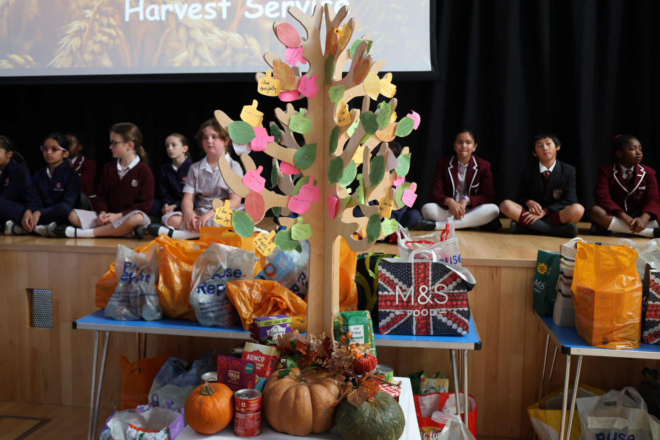 A wooden tree structure decorated with colourful paper leaves stands on a table surrounded by bags and boxes of donated food, with students sitting on a stage in the background.