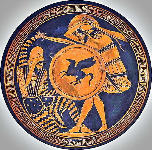 Ancient Greek pottery shows two warriors in armour and helmets fighting; one holds a shield with a Pegasus motif. The border features a geometric Greek key pattern.